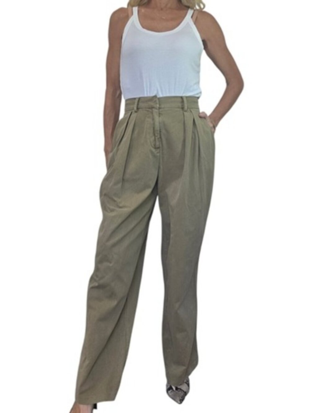 STAUD High Rise Pleated Cotton Khaki Wide Leg Trousers Size 0